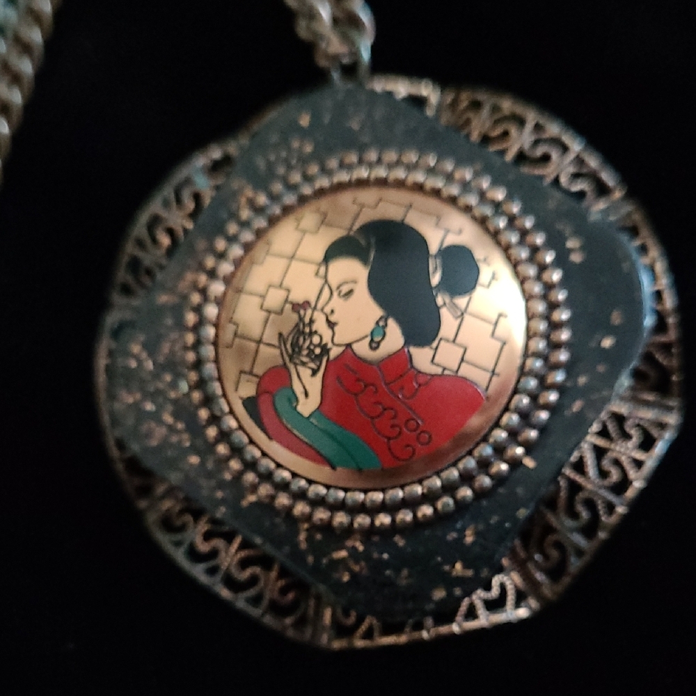 Vintage Copper Geisha Girl Pendant Necklace